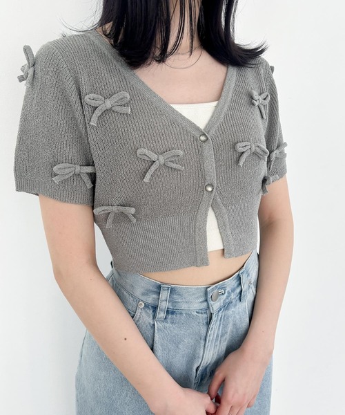 Heather(ヘザー)の「リボンモチーフカーディガン(半袖) 118735(カーディガン/ボレロ・レディース・ブラック/グレー/オフホワイト・FREE)」の2枚目の写真