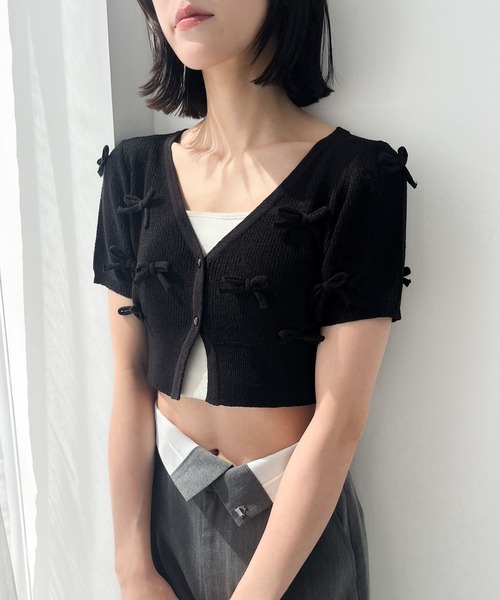 Heather(ヘザー)の「リボンモチーフカーディガン(半袖) 118735(カーディガン/ボレロ・レディース・ブラック/グレー/オフホワイト・FREE)」の3枚目の写真