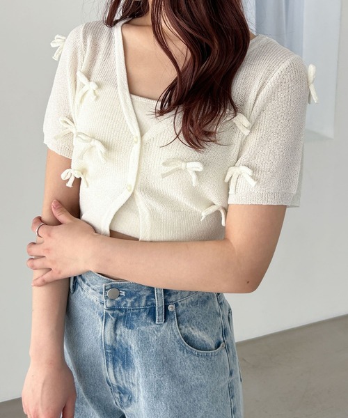 ローブブラン　ホワイト カーディガン・半袖セーター 2点セット セール】リボンモチーフカーディガン（半袖） 118735（カーディガン