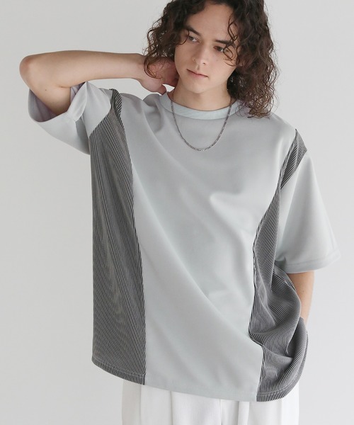 新品 半袖Tシャツ 異素材 90 Buyer's Select/異素材切り替え/プリーツ/ポンチ半袖オーバーTシャツ