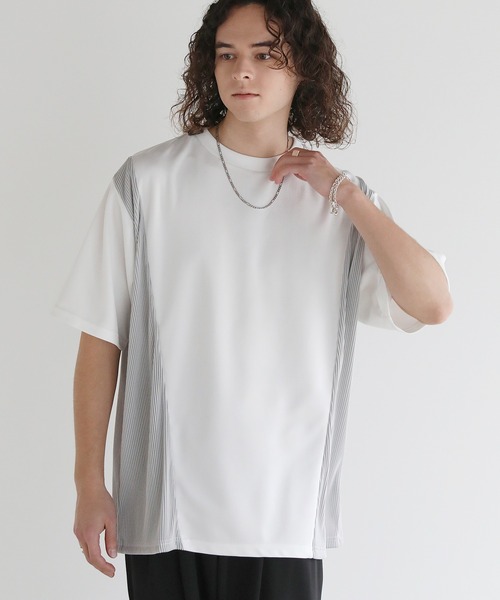 Buyer's Select/異素材切り替え/プリーツ/ポンチ半袖オーバーTシャツ
