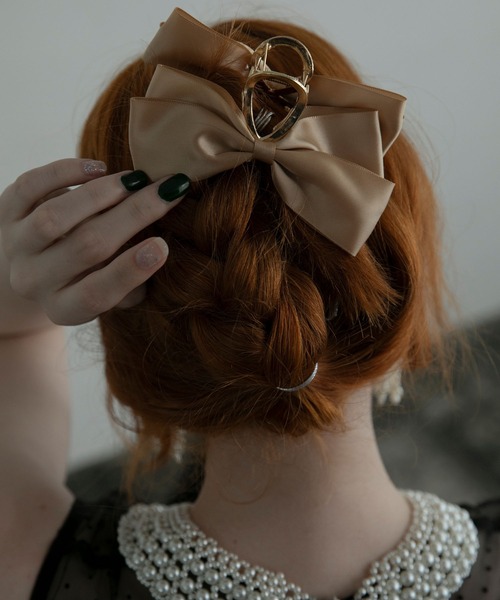 BONLECILL noir】サテンリボンヘアクリップ（バレッタ/ヘア