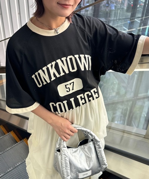 CIAOPANIC（チャオパニック）の「【ユニセックス】メッシュカレッジロゴTEE（Tシャツ/カットソー・レディース・ホワイト/ネイビー/ブラック・FREE）」の2枚目の写真