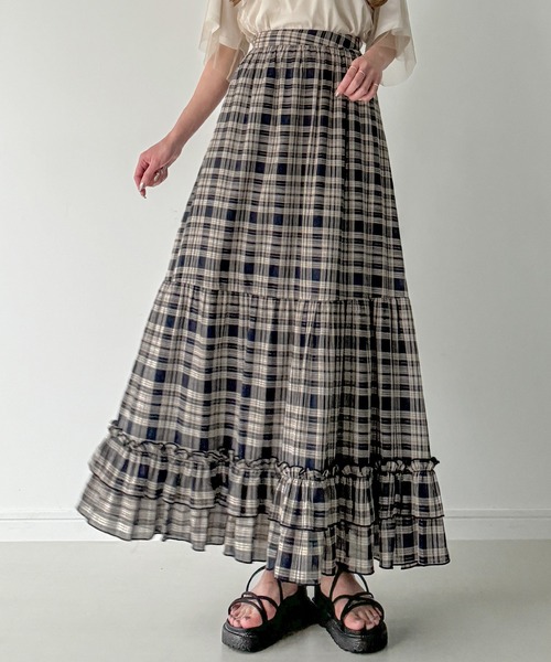 JUNOAH（ジュノア）の「チェックティアードスカート【ペチスカートセット】（スカート・レディース・ネイビー/イエロー・LARGE/X-LARGE/MEDIUM）」の2枚目の写真