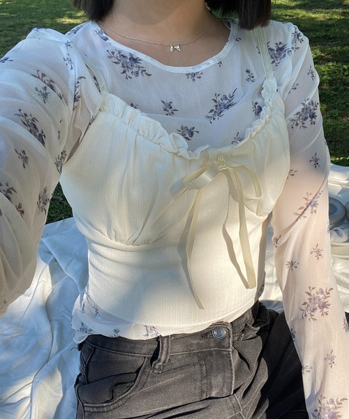 RiLi(リリ)の「リボンフリルクロップドキャミ【RL】(Tシャツ/カットソー・レディース・アイボリー・FREE)」の1枚目の写真