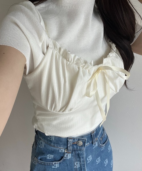 RiLi(リリ)の「リボンフリルクロップドキャミ【RL】(Tシャツ/カットソー・レディース・アイボリー・FREE)」の2枚目の写真