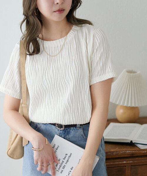 セール】【WEB限定】立体ジャガード5分袖（Tシャツ/カットソー