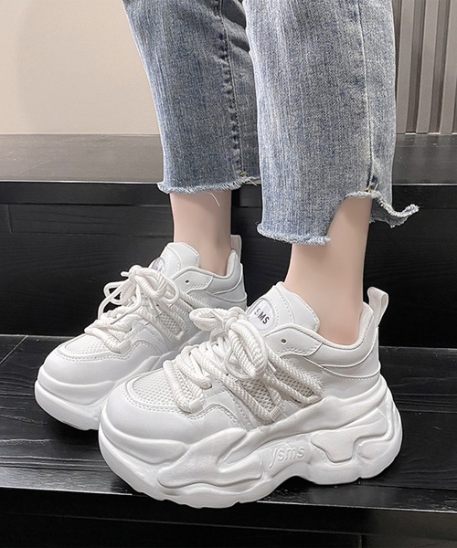 Lace Ladies(レースレディース)の「メッシュ ワイド レースアップ 超厚底 アグリーシューズ(スニーカー・レディース・アイボリー/ホワイト・22.5/23/23.5/24/24.5/ 25)」の1枚目の写真