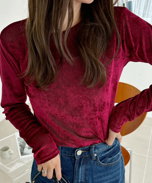 Ada.(エイダ)の「シアー ベロア クルーネック ロングスリーブ トップス(Tシャツ/カットソー・レディース・チャコール/ブラウン/ボルドー・FREE)」の8枚目の写真