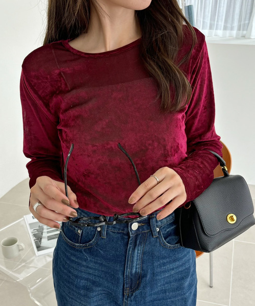 Ada.(エイダ)の「シアー ベロア クルーネック ロングスリーブ トップス(Tシャツ/カットソー・レディース・チャコール/ブラウン/ボルドー・FREE)」の9枚目の写真