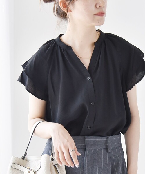 セール】quaranciel:〈手洗い可能〉スキッパー フレア ハーフスリーブ
