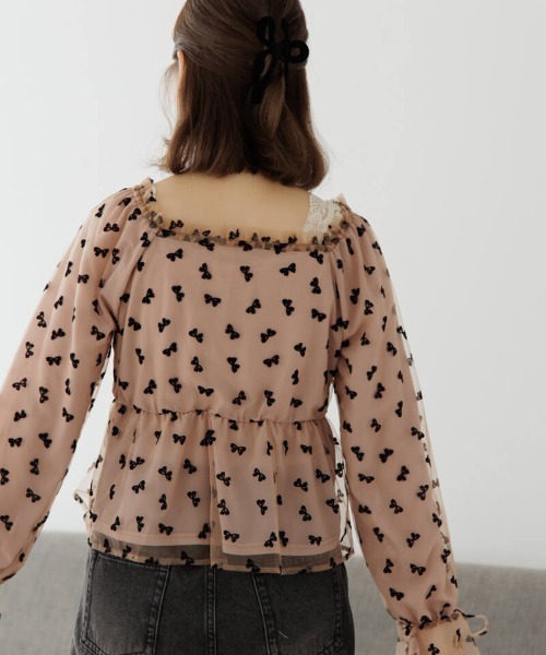 flower（フラワー）の「チュールリボンブラウス（シャツ/ブラウス・レディース・ベージュ/ブラック・FREE）」の4枚目の写真