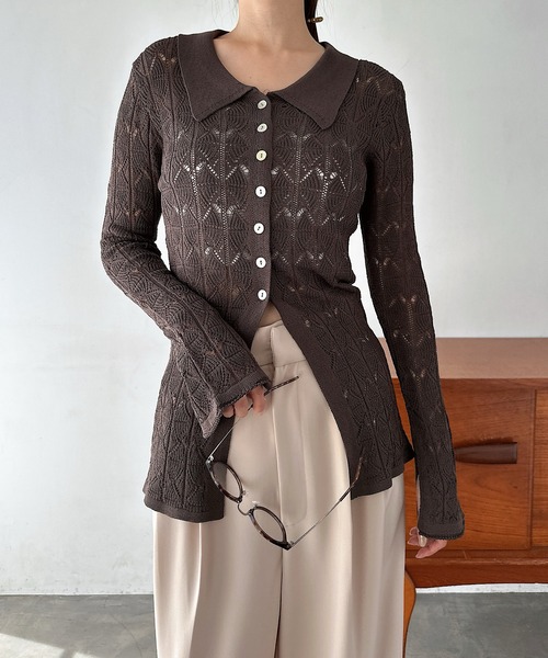 セール】透かし編み長袖ニットカーディガントップス（カーディガン