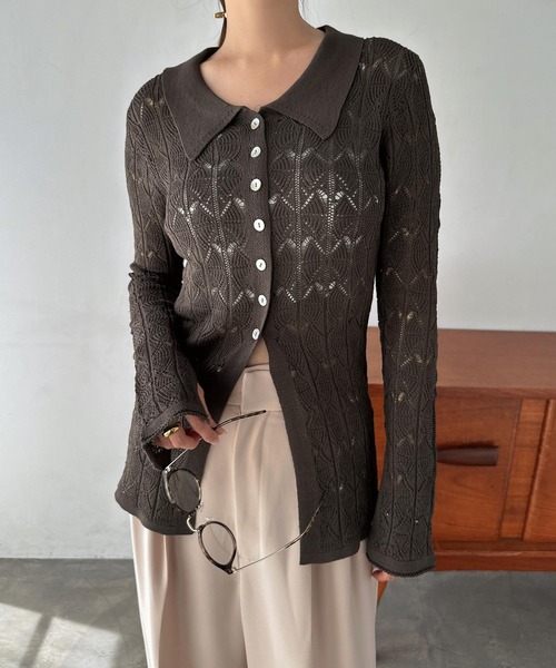 セール】透かし編み長袖ニットカーディガントップス（カーディガン