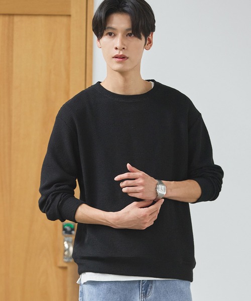 コットンジャガード長袖クルーネックニット（ニット/セーター