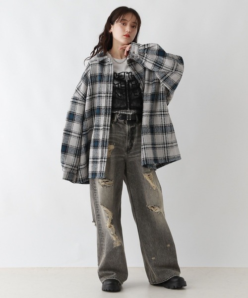 RAGEBLUE（レイジブルー）の「裏起毛ブークレオーバーチェックシャツアウター（シャツ/ブラウス・レディース・ライトグレー系/ブラック系/ブラウン系・FREE）」の10枚目の写真