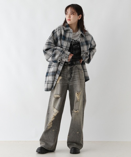 RAGEBLUE（レイジブルー）の「裏起毛ブークレオーバーチェックシャツアウター（シャツ/ブラウス・レディース・ライトグレー系/ブラック系/ブラウン系・FREE）」の11枚目の写真