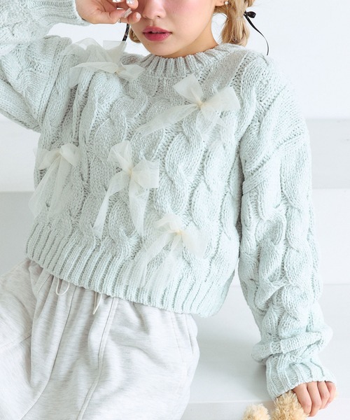 OLIVE des OLIVE（オリーブデオリーブ）の「チュールリボン付ニット（ニット/セーター・レディース・オフホワイト/サックスブルー/チャコールグレー・FREE）」の3枚目の写真