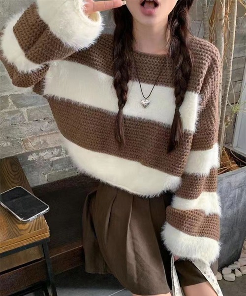 SpRay（スプレイ）の「シャギーボーダークロップドニット（ニット