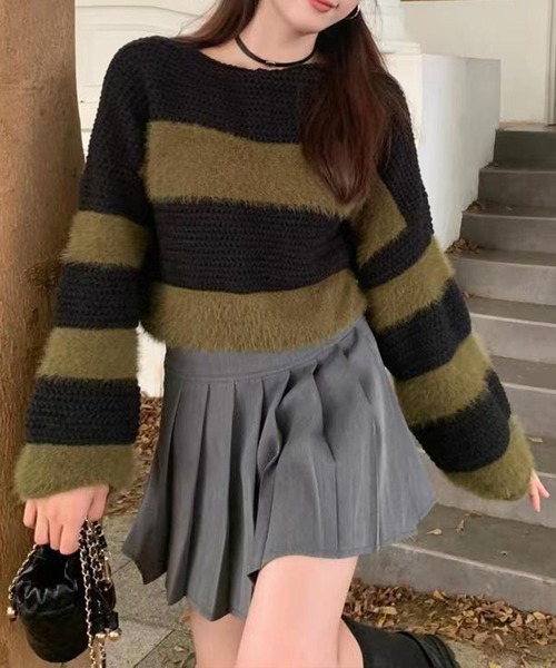 SpRay（スプレイ）の「シャギーボーダークロップドニット（ニット/セーター・レディース・ブラック/ブラウン/カーキ/グレー・FREE）」の4枚目の写真