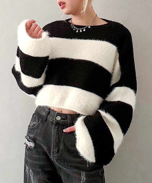 SpRay（スプレイ）の「シャギーボーダークロップドニット（ニット/セーター・レディース・ブラック/ブラウン/カーキ/グレー・FREE）」の6枚目の写真