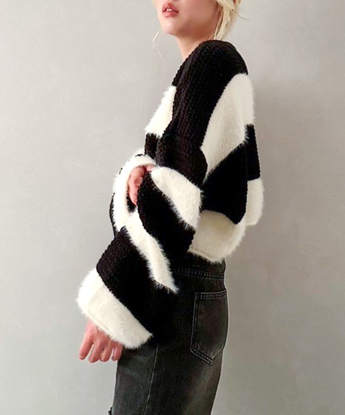 SpRay（スプレイ）の「シャギーボーダークロップドニット（ニット/セーター・レディース・ブラック/ブラウン/カーキ/グレー・FREE）」の9枚目の写真