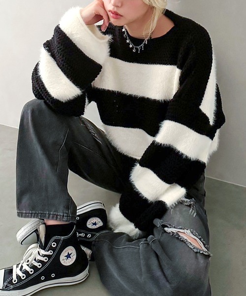 SpRay（スプレイ）の「シャギーボーダークロップドニット（ニット/セーター・レディース・ブラック/ブラウン/カーキ/グレー・FREE）」の18枚目の写真