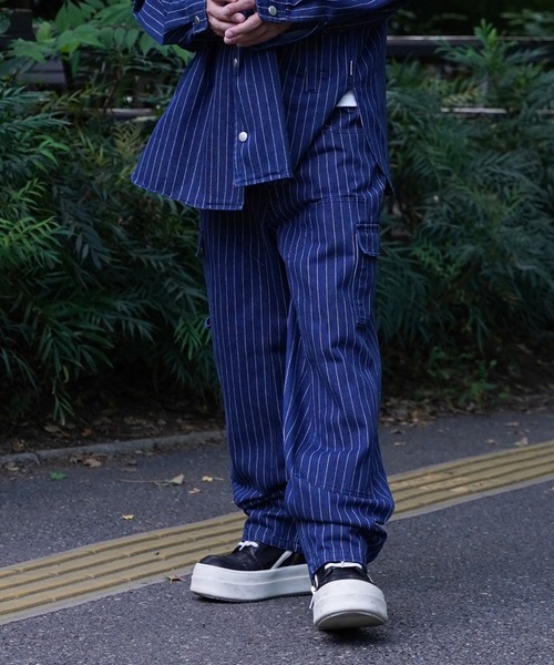 ピンストライプデニムワイドカーゴパンツ（カーゴパンツ）｜#Re:room 