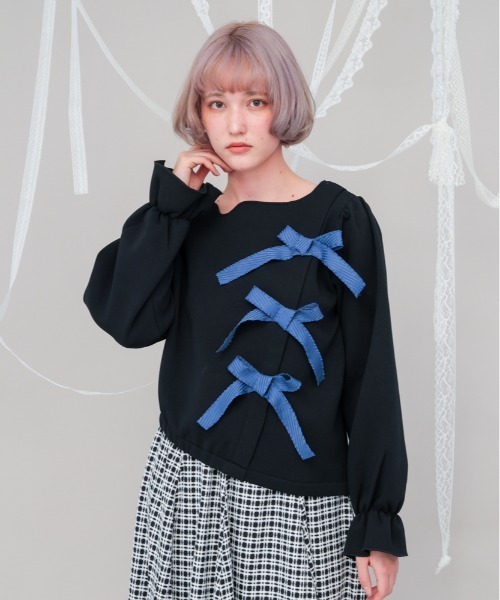 【セール】アシメサイドリボン付きダンボールニットカットソー（その他トップス）｜unica（ユニカ）