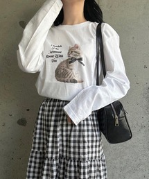 ねこリボン英字プリントロングTシャツ
