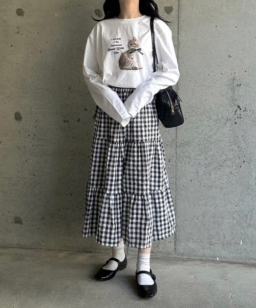 merrylatte（メリーラテ）の「ねこリボン英字プリントロングTシャツ（Tシャツ/カットソー・レディース・ホワイト・MEDIUM/LARGE/SMALL）」の7枚目の写真