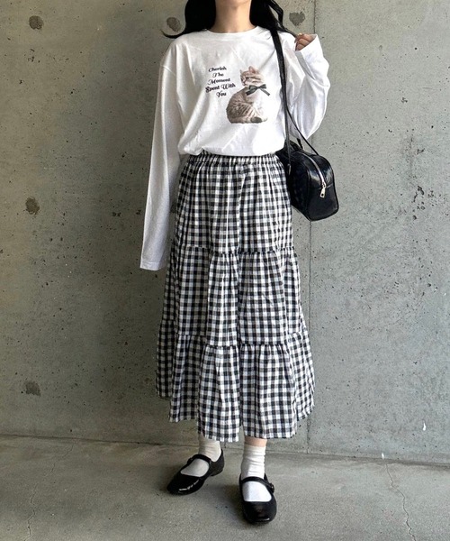 merrylatte（メリーラテ）の「ねこリボン英字プリントロングTシャツ（Tシャツ/カットソー・レディース・ホワイト・MEDIUM/LARGE/SMALL）」の8枚目の写真