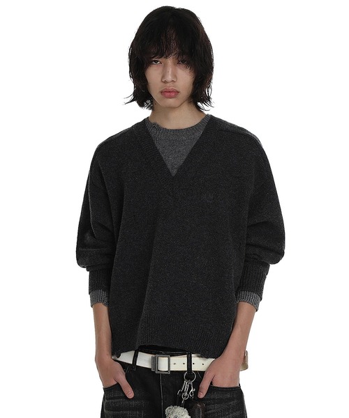 MASONPRINCE（メイソンプリンス）の「レイヤードデザイン ダメージ加工 ニット MY2137【MASONPRINCE】（ニット/セーター・メンズ・ネイビー/レッド/グレー・L/M/S）」の2枚目の写真