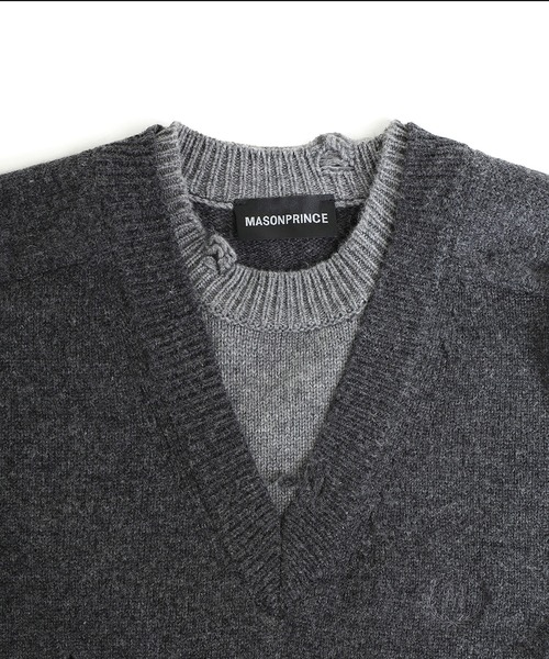 MASONPRINCE（メイソンプリンス）の「レイヤードデザイン ダメージ加工 ニット MY2137【MASONPRINCE】（ニット/セーター・メンズ・ネイビー/レッド/グレー・L/M/S）」の6枚目の写真