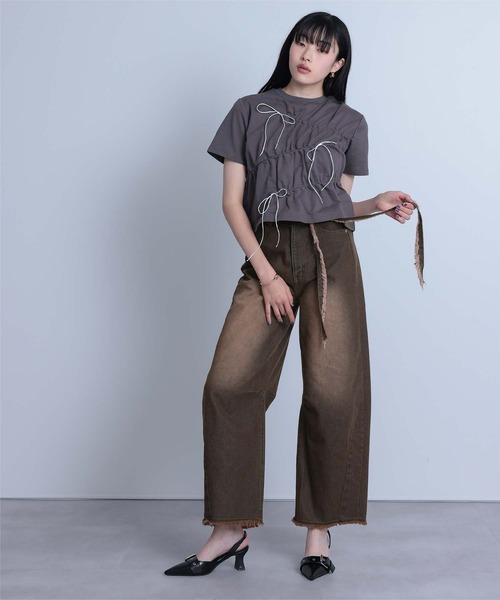 miette（ミエット）の「ウエストリボンカーブラインデニムパンツ（デニムパンツ・レディース・ライトブルー/ブラウン・S/M）」の3枚目の写真