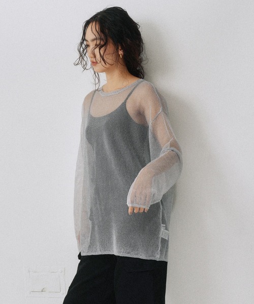 YOOU（ユー）の「ラメシアーニット／透け感素材 × ルーズシルエット（Tシャツ/カットソー・レディース・ブラック/シルバー・FREE）」の12枚目の写真