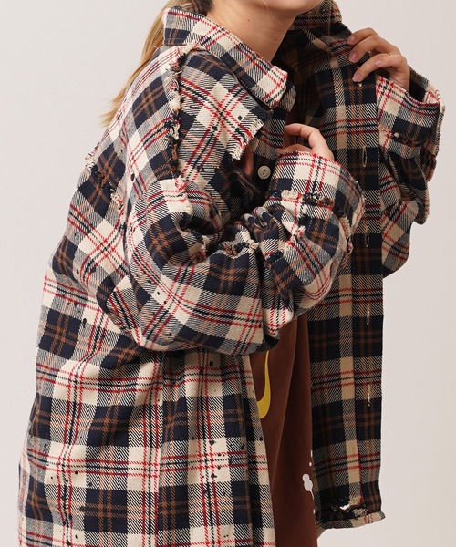 1111clothing(ワンフォークロージング)の「グランジ加工 ダメージ ヘビーチェックシャツ / Grunge effect, damaged, heavy check shirt(シャツ/ブラウス・メンズ・ベージュ/ブラック・M/L)」の13枚目の写真