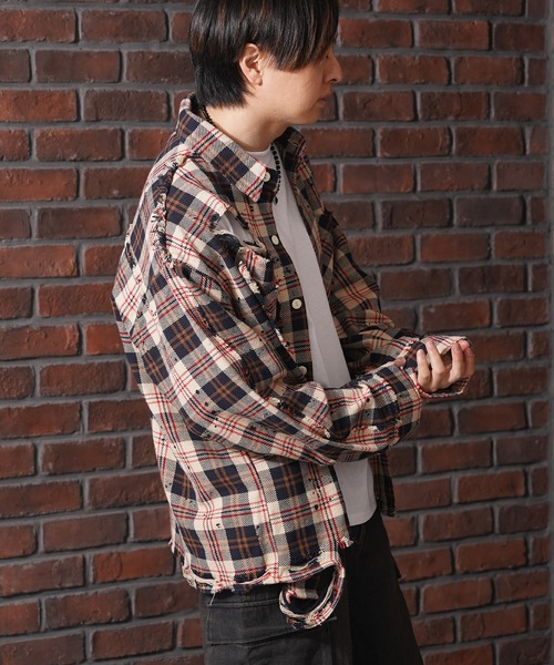 1111clothing(ワンフォークロージング)の「グランジ加工 ダメージ ヘビーチェックシャツ / Grunge effect, damaged, heavy check shirt(シャツ/ブラウス・メンズ・ベージュ/ブラック・M/L)」の18枚目の写真