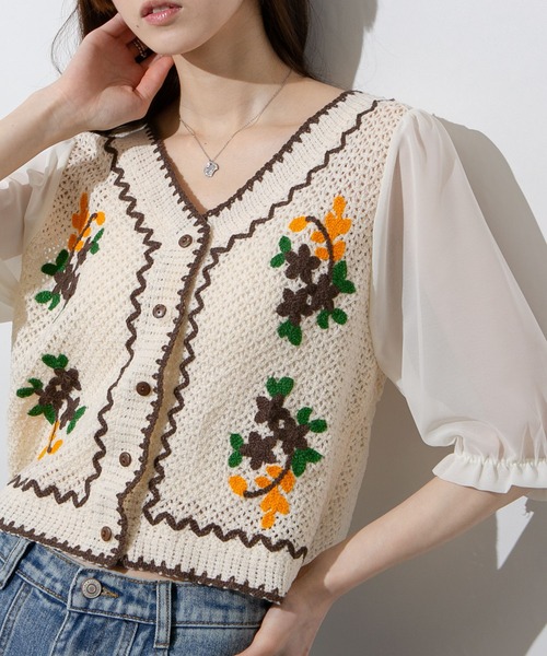 pumpkin port（パンプキンポート）の「花刺繍かぎ針編みカーディガン