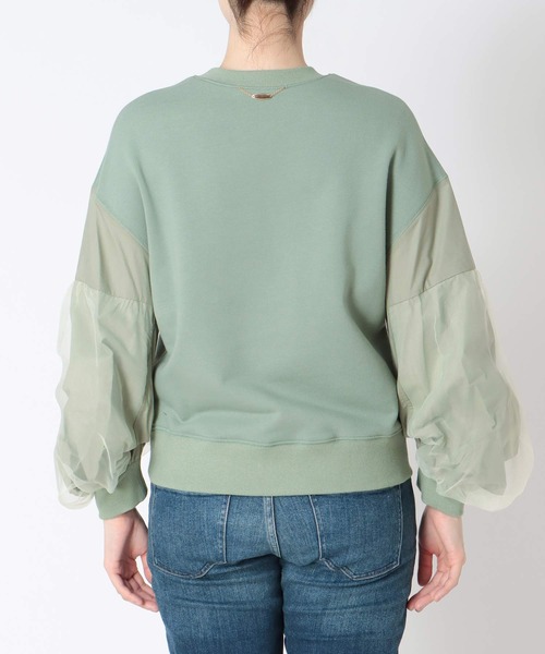 【美品】jines ジネス　スウェット　オーガンジースリーブ　異素材　切り替え 美品】jines ジネス スウェット オーガンジースリーブ 異素材