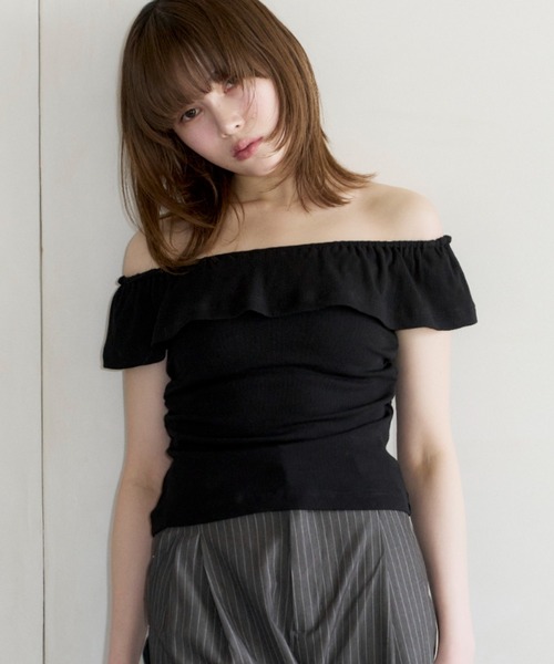 rib off shoulder tops/リブオフショルトップス（Tシャツ