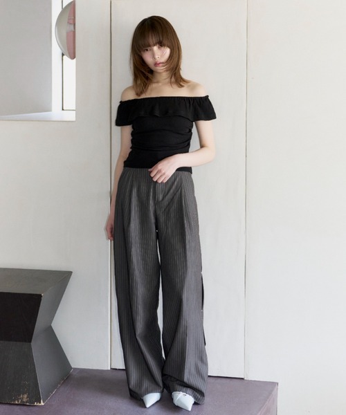 haek(ハク)の「rib off shoulder tops/リブオフショルトップス(Tシャツ/カットソー・レディース・ブルー/ブラック・FREE)」の12枚目の写真