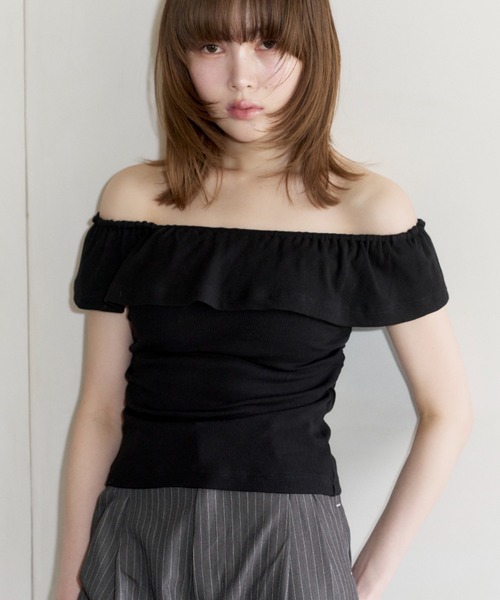 haek(ハク)の「rib off shoulder tops/リブオフショルトップス(Tシャツ/カットソー・レディース・ブルー/ブラック・FREE)」の7枚目の写真