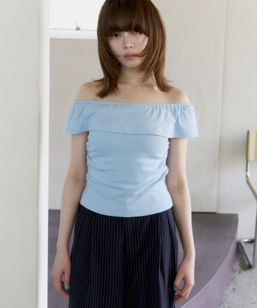 haek(ハク)の「rib off shoulder tops/リブオフショルトップス(Tシャツ/カットソー・レディース・ブルー/ブラック・FREE)」の14枚目の写真