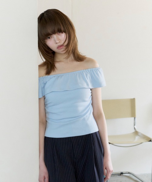 haek(ハク)の「rib off shoulder tops/リブオフショルトップス(Tシャツ/カットソー・レディース・ブルー/ブラック・FREE)」の19枚目の写真