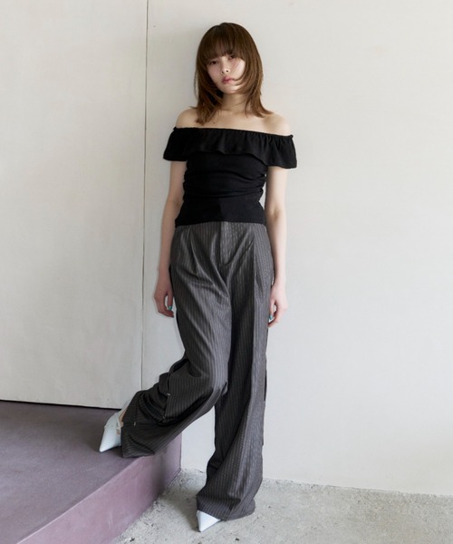 haek(ハク)の「rib off shoulder tops/リブオフショルトップス(Tシャツ/カットソー・レディース・ブルー/ブラック・FREE)」の11枚目の写真