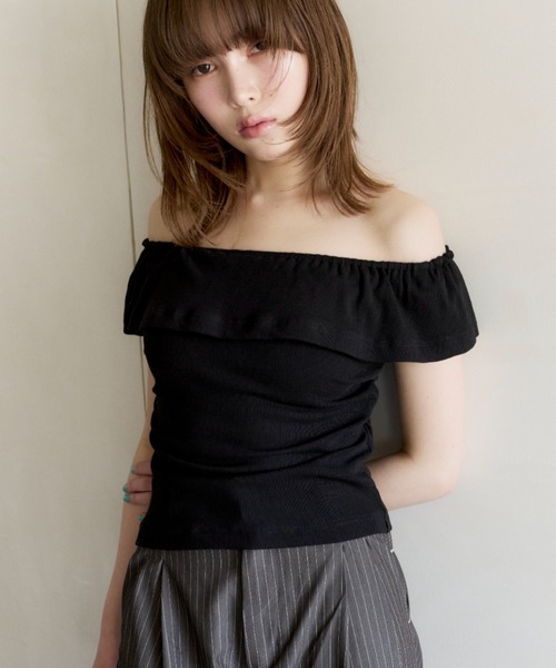 haek(ハク)の「rib off shoulder tops/リブオフショルトップス(Tシャツ/カットソー・レディース・ブルー/ブラック・FREE)」の5枚目の写真