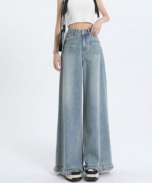 shoppinggo(ショッピングゴー)の「ワイドデニムパンツ ハイウエスト(デニムパンツ・レディース・ライトブルー/ブルー系その他2・M/L)」の2枚目の写真