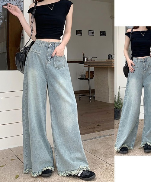 shoppinggo(ショッピングゴー)の「ワイドデニムパンツ ハイウエスト(デニムパンツ・レディース・ライトブルー/ブルー系その他2・M/L)」の6枚目の写真