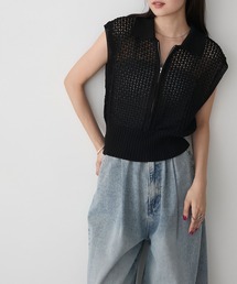 forksy. | 【forksy.】メッシュ編み 半袖ポロニット(ポロシャツ)